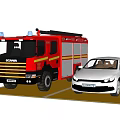 Red Fire Truck Parked With White Car On Yellow Display Platform