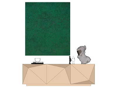 Green Abstract Painting Above Geometric Cabinet With Sculpture And Cup 3d model