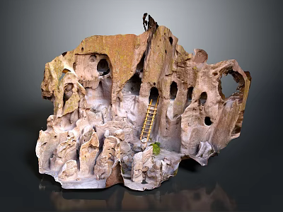 Detailed Rock Cave Structure With Multiple Caves Ladder And Small Plants 3d model