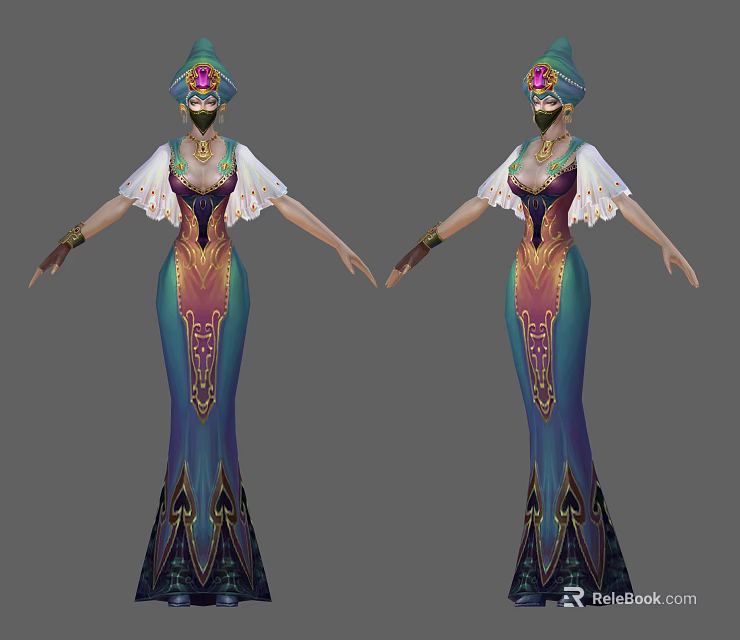 Game Film Character In Elegant Blue Purple Long Dress With Gold Patterns And Gemstone Hat 3d model 