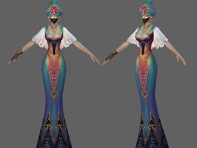 Game Film Character In Elegant Blue Purple Long Dress With Gold Patterns And Gemstone Hat 3d model