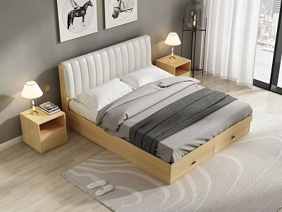 Double Bed With White Padded Headboard Wooden Frame Drawers And Nightstands With Lamps In Bedroom 3d model
