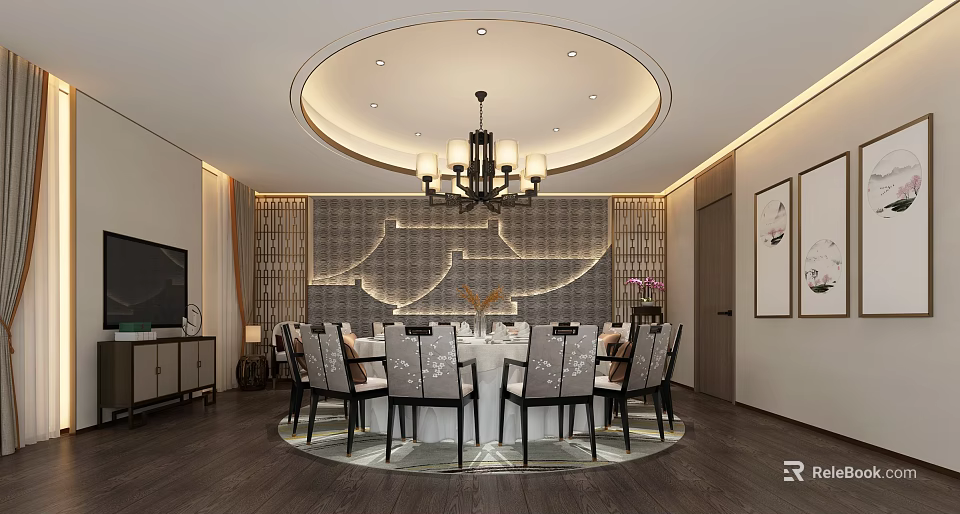 Elegant Private Dining Room Interior With Round Table Chandelier And Decorative Wall 3d model
