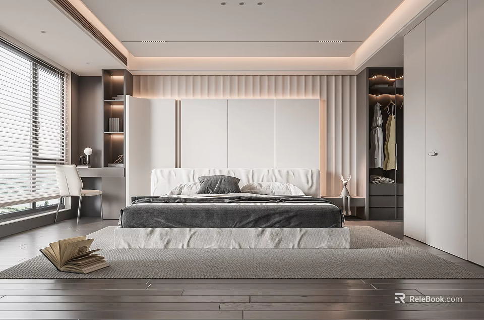 Modern Bedroom Interior Design With Large Bed Built in Wardrobe And Recessed Lighting 3d model 
