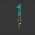 Turquoise Fantasy Sword with Wooden Hilt and Green Accent Details in Decorative Design