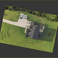 Natural Outdoor Scene of House with Green Lawn Trees Pathway and Lawn Mower