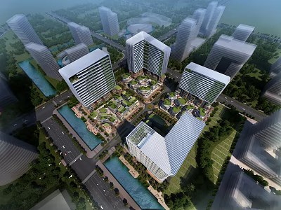 Modern High Rise Office Buildings Featuring Sleek Architectural Design Green Spaces And Urban Roads 3d model