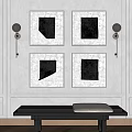 Stylish Wall Art Display With Four Framed Prints Wall Sconces And Bench 3d model
