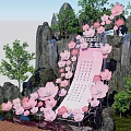 Floral Art Installation With Pink Cherry Blossoms Rocky Background And Green Trees