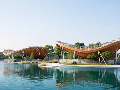 Modern Landscape Pavilion With Wavy Wooden Roof Design And Water Reflection Under Clear Blue Sky 3d model