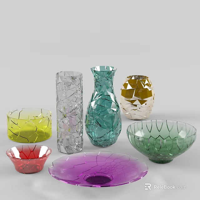 Colorful Decorative Glass Vases And Bowls With Cracked Texture In Various Hues 3d model 
