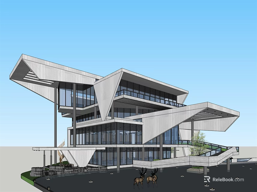 Modern Sales Office Building Exterior With Geometric Glass Facade And Cantilevered Design 3d model 