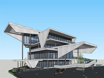 Modern Sales Office Building Exterior With Geometric Glass Facade And Cantilevered Design 3d model