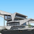 Modern Sales Office Building Exterior With Geometric Glass Facade And Cantilevered Design