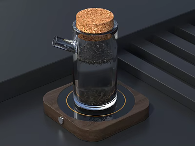 Electric Tea Heating Appliance with Glass Jar Cork Stopper and Wooden Base Containing Tea Leaves 3d model