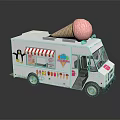 Stylish Ice Cream Truck With Large Pink Ice Cream Cone On Roof And Colorful Decorations