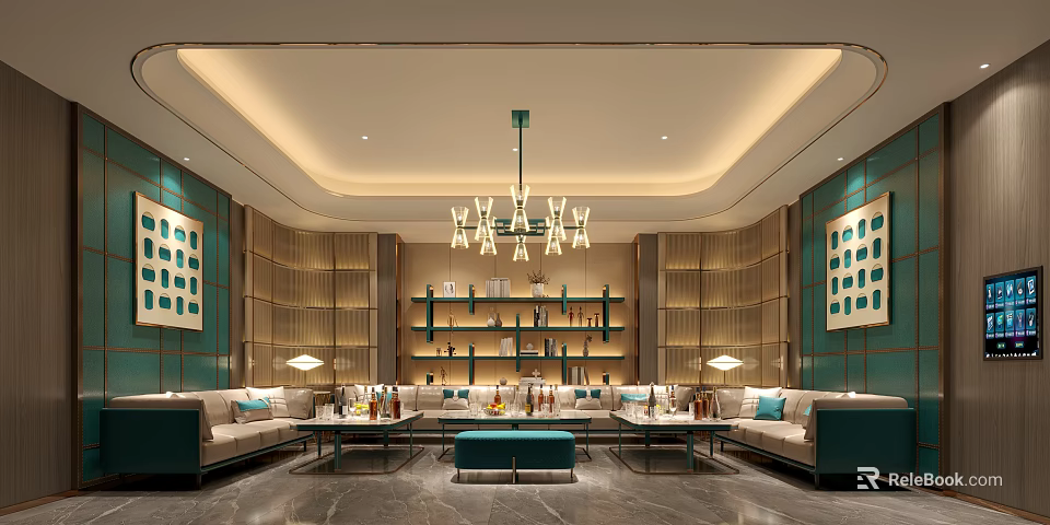 Modern Luxury KTV Lobby With Chandelier Sofa Wine Rack And Decorative Art 3d model 
