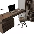 Modern Wooden Office Desk And Chair Set With Bookshelf And Computer Monitor