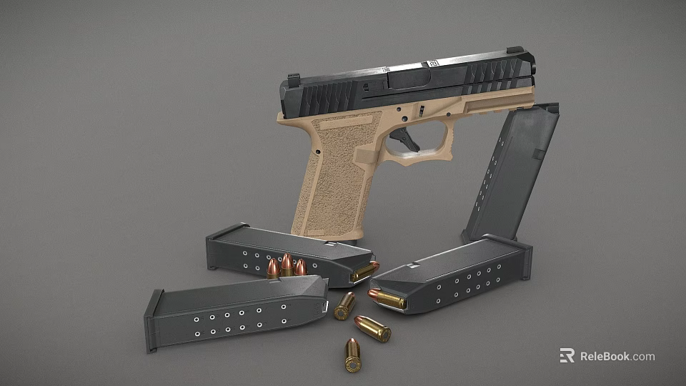 Tactical Pistol With Tan Grip Black Frame And Spare Magazines Bullets 3d model 