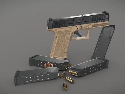 Tactical Pistol With Tan Grip Black Frame And Spare Magazines Bullets 3d model