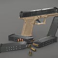 Tactical Pistol With Tan Grip Black Frame And Spare Magazines Bullets