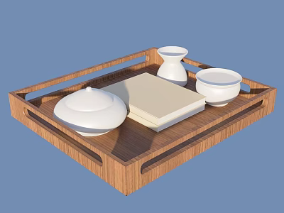 White Ceramic Tea Set On Wooden Tray With Lidded Container Small Jug Bowl And Mat 3d model