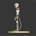 Game Movie Character Robot with Silver Body Blue Circular Accents Golden Joints on Circular Base