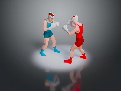 Two Male Boxers in Blue and Red Outfits With Helmets and Gloves Facing Each Other 3d model