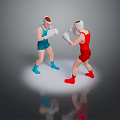 Two Male Boxers in Blue and Red Outfits With Helmets and Gloves Facing Each Other