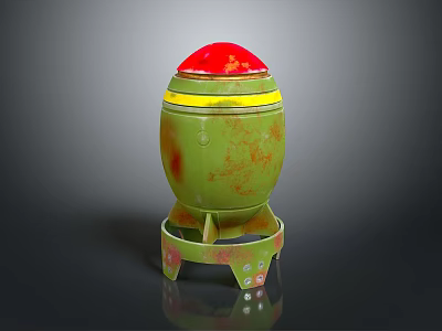 Green Barrel Shaped Weapon With Red Top Yellow Stripe Base Stand And Red Surface Spots 3d model