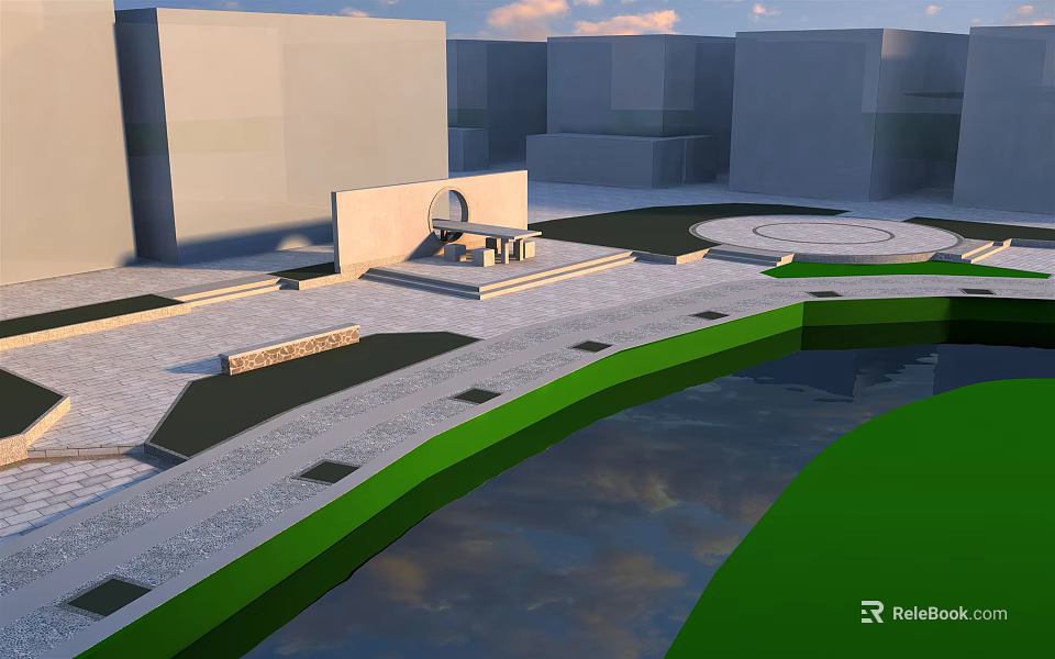 Modern Urban Plaza Design With Geometric Paved Area Green Landscape And Water Feature 3d model 
