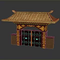 Scenery Of Traditional Chinese Gate With Golden Roof And Red Carved Decorations