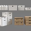 Assorted Storage Baskets in White Plastic and Brown Paper with Stackable Design for Home Organization 3d model