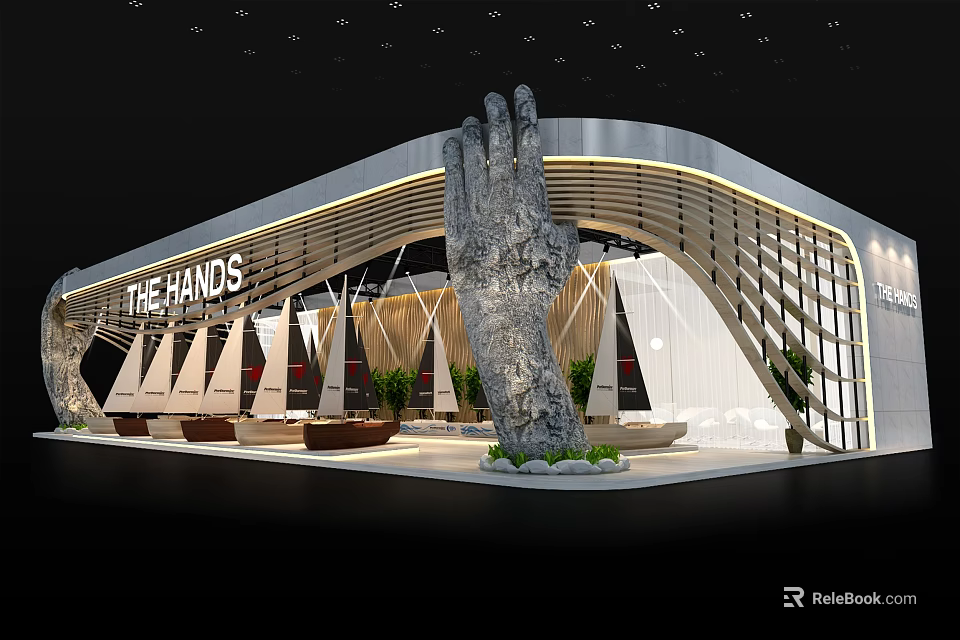THE HANDS Exhibition Booth With Giant Stone Hand Sculpture Modern Curved Roof Wooden Accents Plants 3d model 