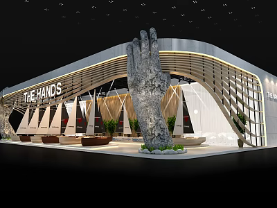 THE HANDS Exhibition Booth With Giant Stone Hand Sculpture Modern Curved Roof Wooden Accents Plants 3d model