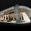 THE HANDS Exhibition Booth With Giant Stone Hand Sculpture Modern Curved Roof Wooden Accents Plants