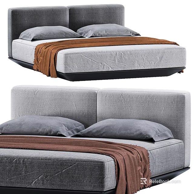 Modern Double Bed With Upholstered Headboard Gray Pillows And Brown Throw Blanket 3d model 