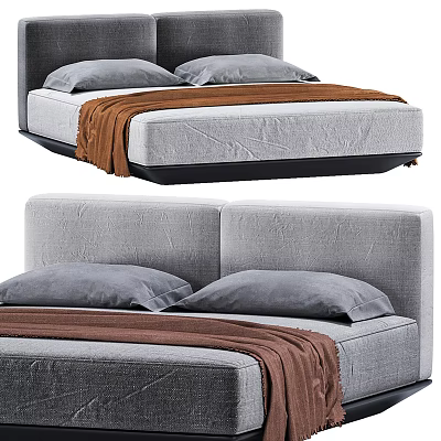 Modern Double Bed With Upholstered Headboard Gray Pillows And Brown Throw Blanket 3d model