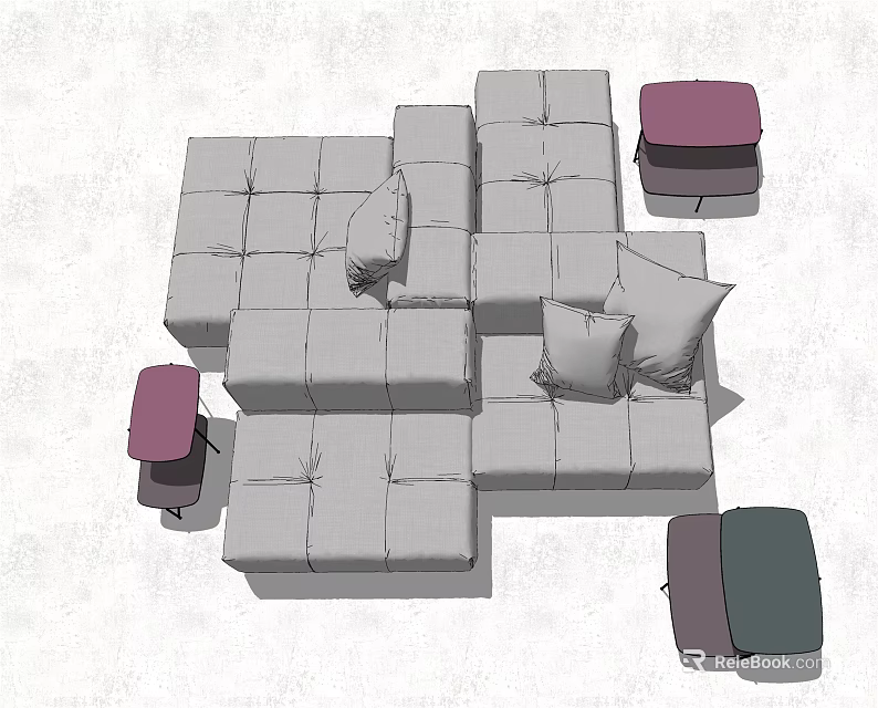 Modular Light Gray Sofa Set With Plush Cushions Purple And Green Stools For Living Room 3d model 