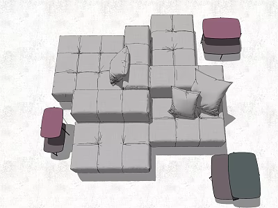 Modular Light Gray Sofa Set With Plush Cushions Purple And Green Stools For Living Room 3d model