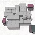 Modular Light Gray Sofa Set With Plush Cushions Purple And Green Stools For Living Room