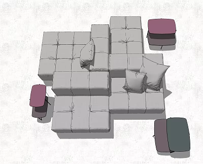 Modular Light Gray Sofa Set With Plush Cushions Purple And Green Stools For Living Room 3d model