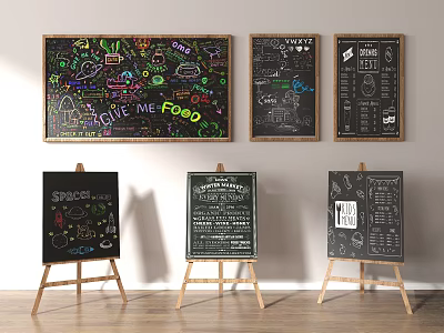 Creative Hand Drawn Chalkboard Menu Decorations With Artistic Posters On Wooden Easels 3d model