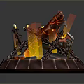 Volcanic Themed Decorative Structure With Lava Red Design Flaming Accents And Circular Stone Base