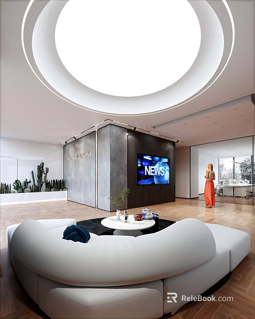 Modern Minimalist Office Reception Area With Large Display Screen And Cozy Lounge Space 3d model 
