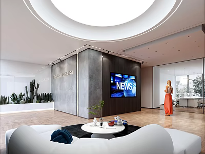 Modern Minimalist Office Reception Area With Large Display Screen And Cozy Lounge Space 3d model