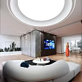 Modern Minimalist Office Reception Area With Large Display Screen And Cozy Lounge Space