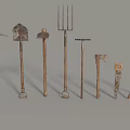 Vintage Agricultural Tools Collection Featuring Shovels Rakes Axes And Hoes With Wooden Handles