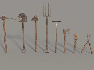 Vintage Agricultural Tools Collection Featuring Shovels Rakes Axes And Hoes With Wooden Handles 3d model