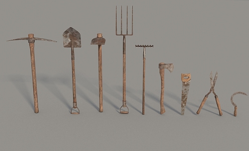 A group of farming tools, rake, sickle, shovel, hoe, mowing grass, low face number, low model, simple model game, film and television level, super realistic 3d model